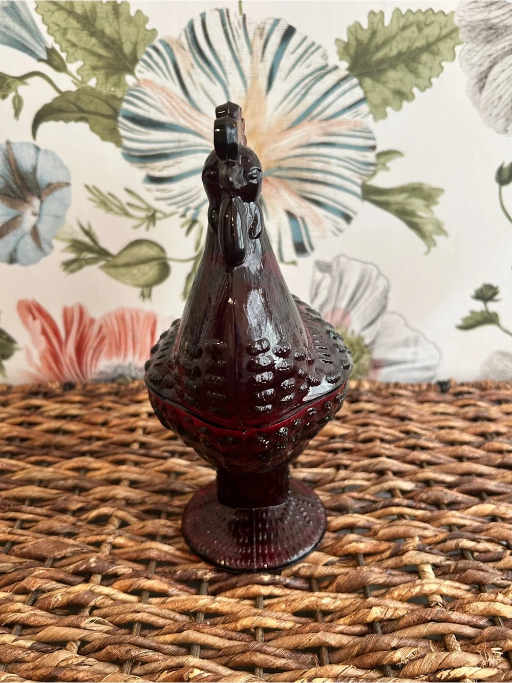 Ruby Red Glass Rooster Covered Dish Farmhouse Kitchen Decor Candy Trinket Box